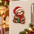 Funny Christmas sleepy gift-hugging sloth magnet with illustrated 3D depth in a festive setting; generated acrylic product mockup