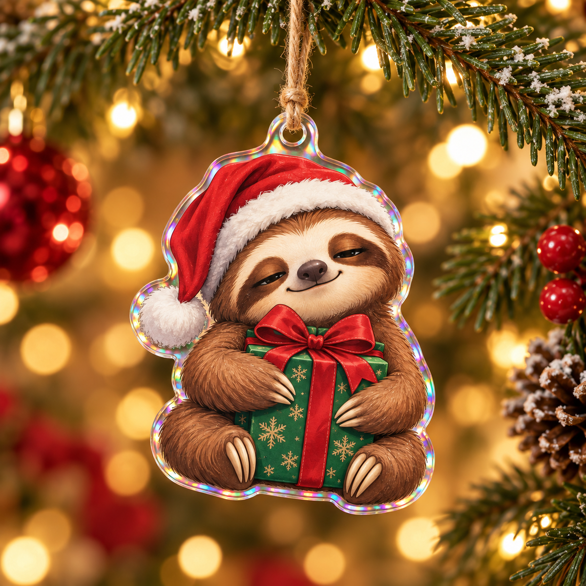 Funny Christmas sleepy gift-hugging sloth ornament with illustrated 3D depth in a festive setting; generated acrylic product mockup