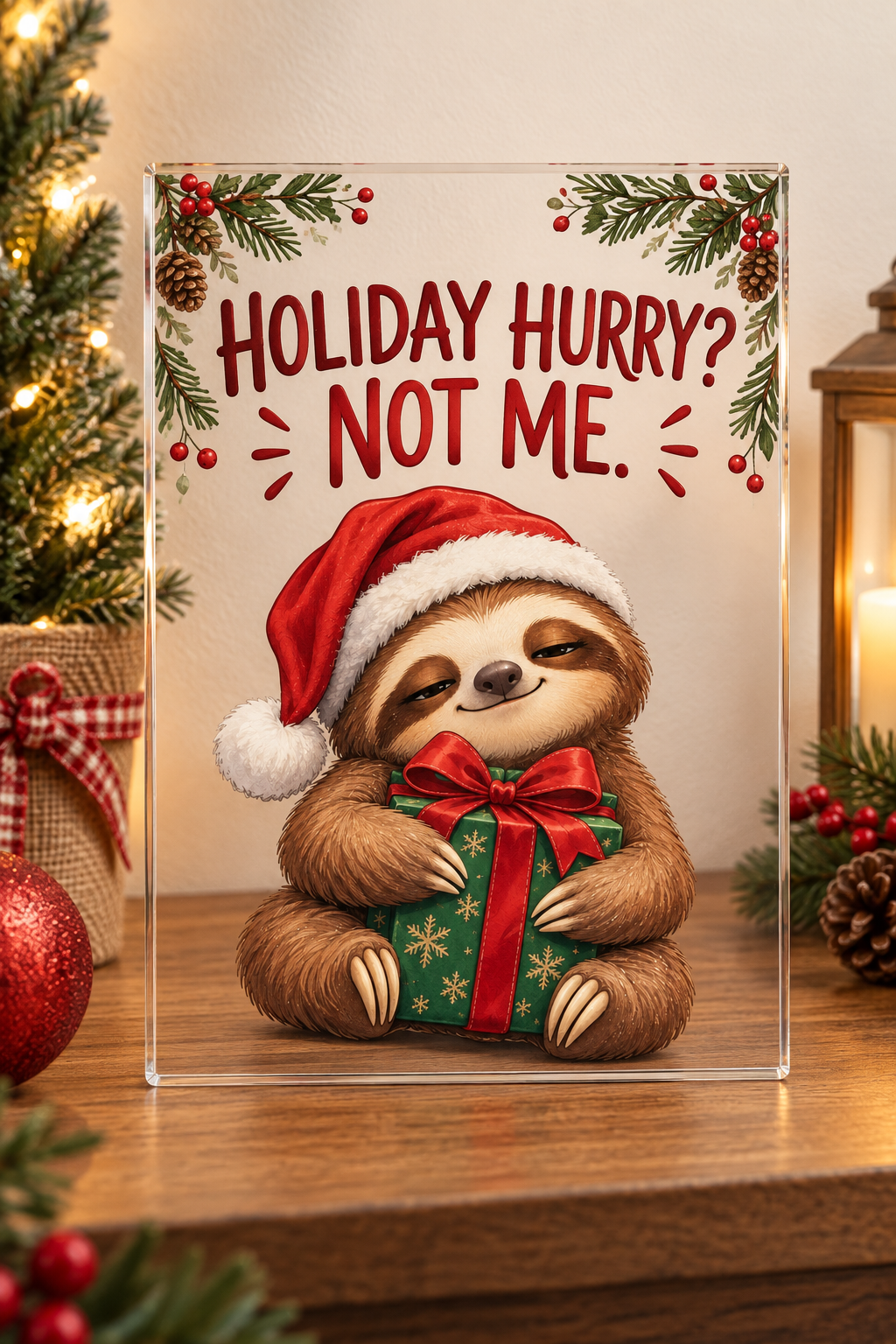 Funny Christmas sleepy gift-hugging sloth sign with illustrated 3D depth in a festive setting; generated acrylic product mockup