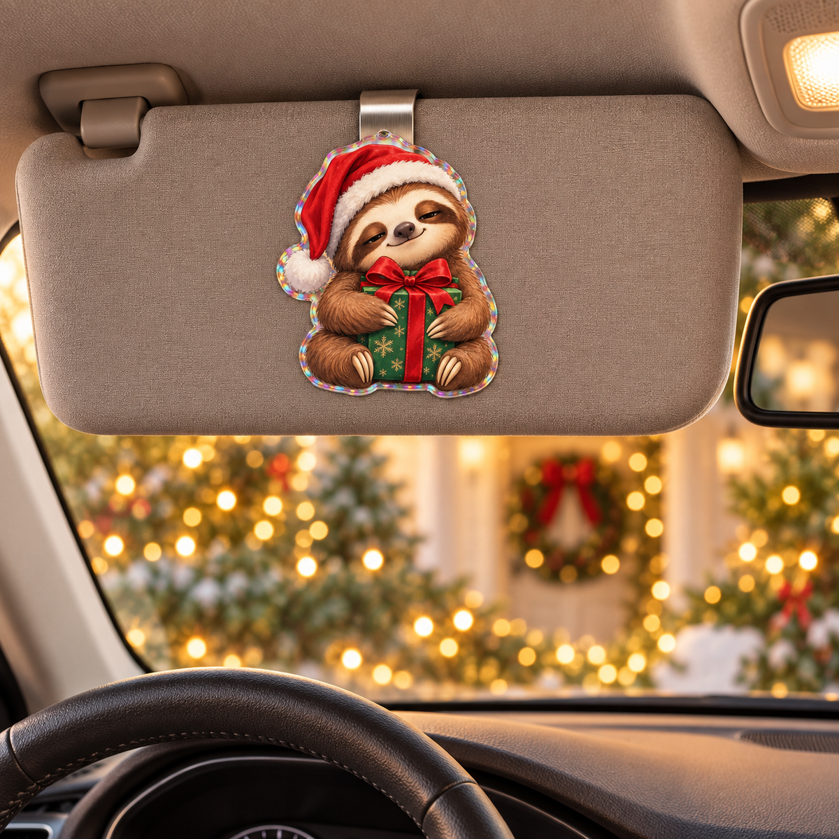 Funny Christmas sleepy gift-hugging sloth visor with illustrated 3D depth in a festive setting; generated acrylic product mockup