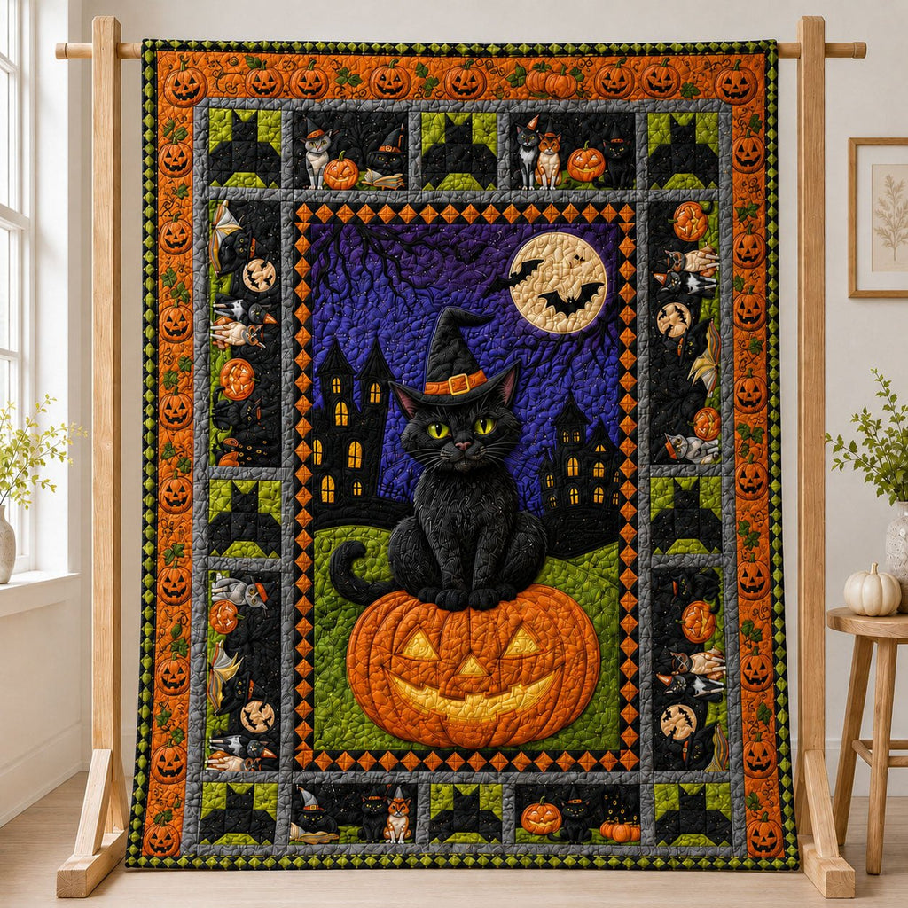 Moonlit Halloween Black Cat Quilted Blanket printed blanket
