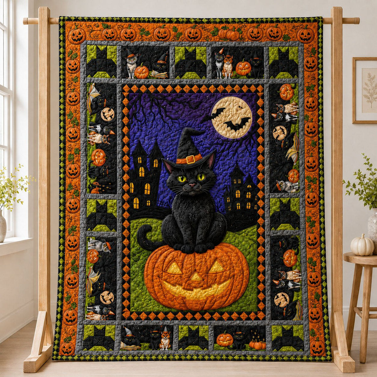 Moonlit Halloween Black Cat Quilted Blanket printed blanket