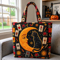 Moonlit Mystic Cat Quilted Tote Bag printed quilted tote bag