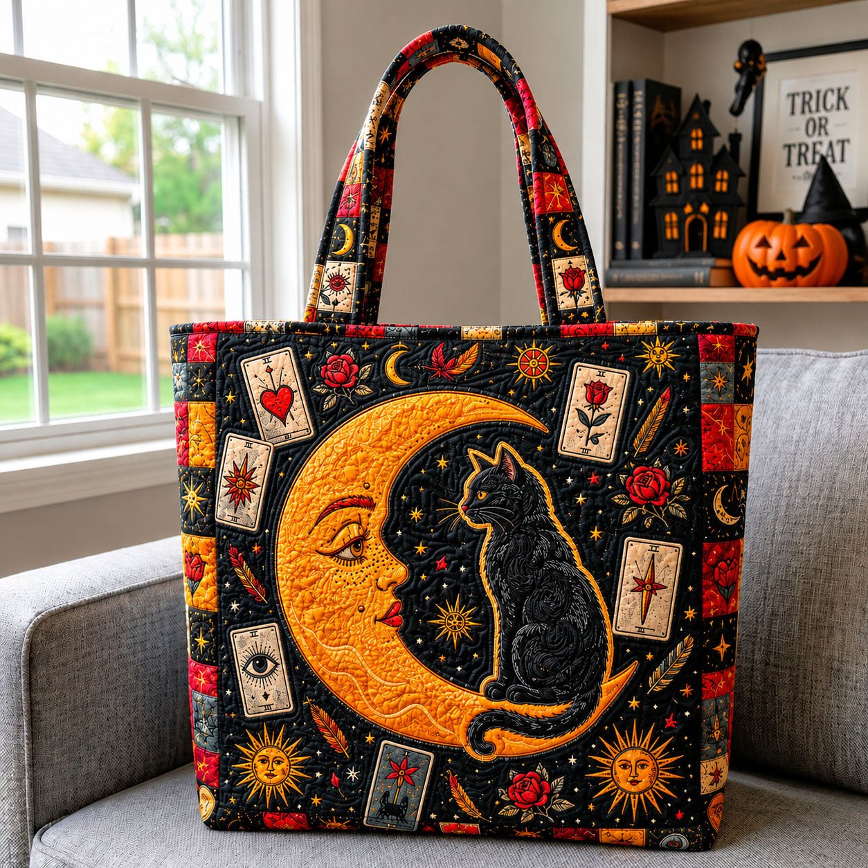 Moonlit Mystic Cat Quilted Tote Bag printed quilted tote bag