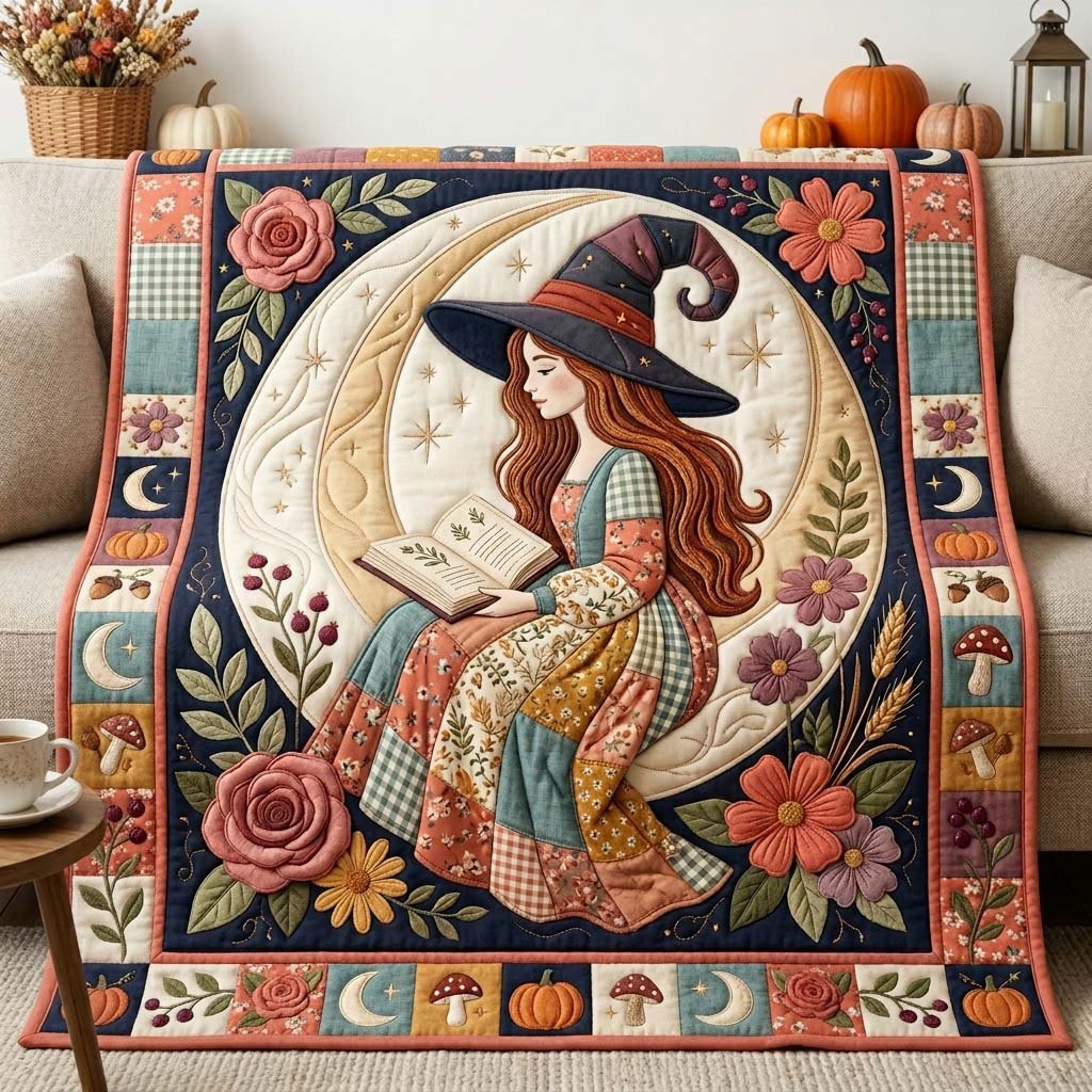 Moonlit Reading Witch Quilted Blanket printed blanket