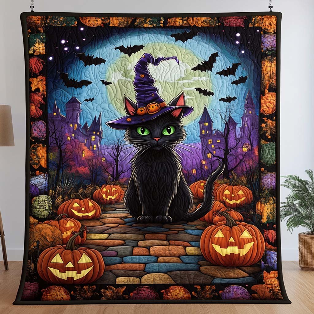 Moonlit Witch Cat Quilted Blanket printed blanket