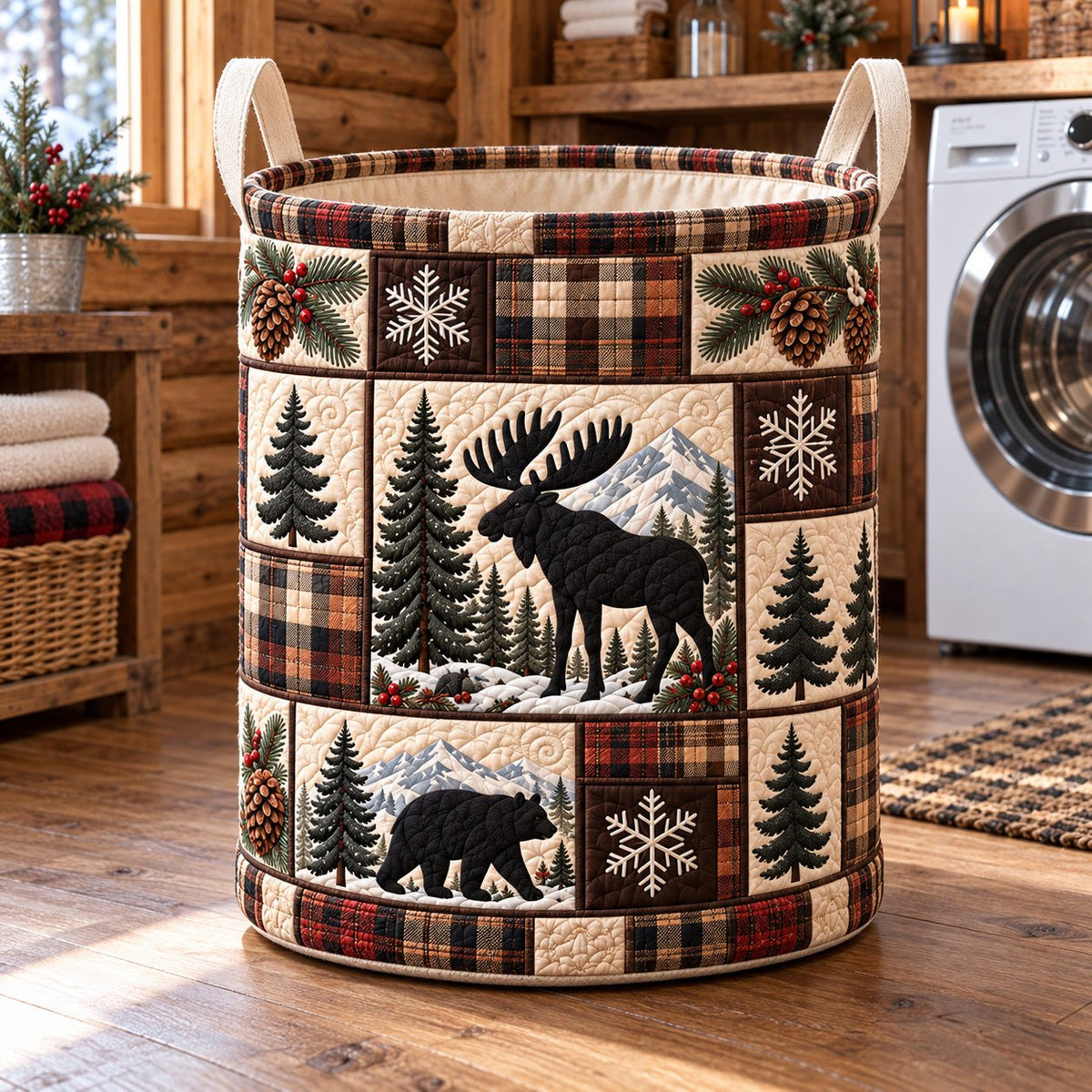 Moose And Bear Plaid printed laundry hamper