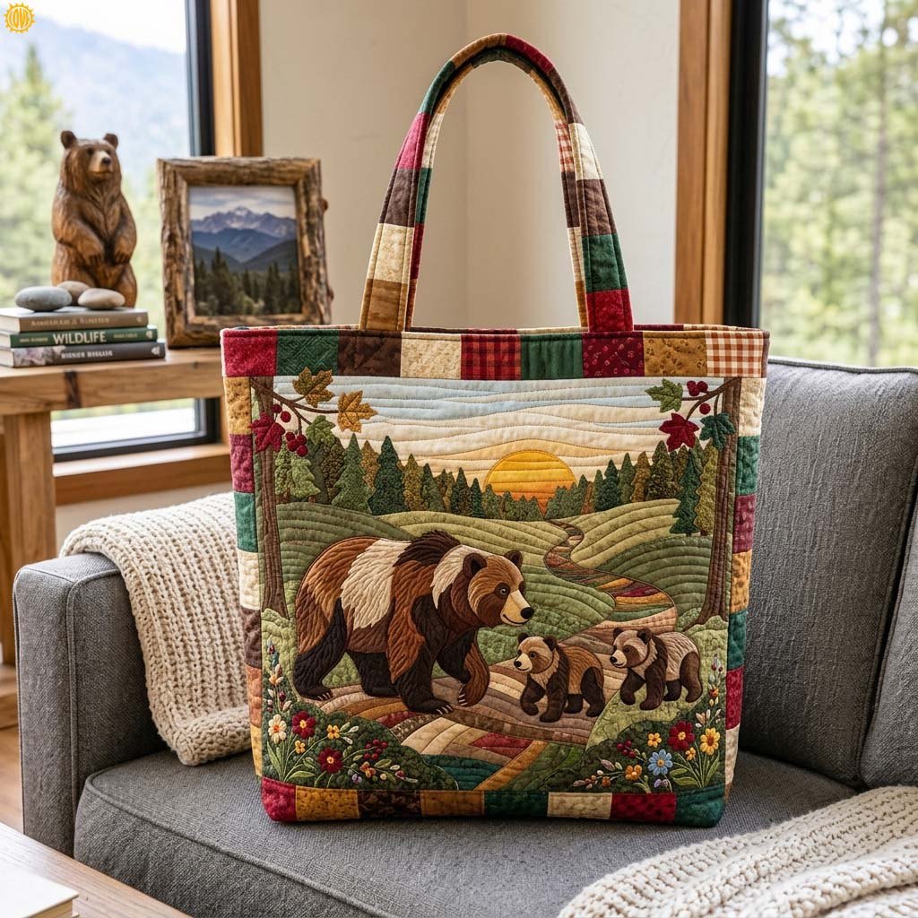 Mother Bear Homeward Quilted Tote Bag printed quilted tote bag