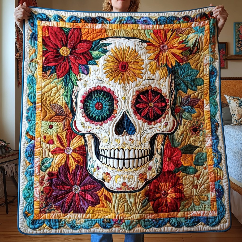 Mystical Floral Skull Quilted Blanket printed blanket