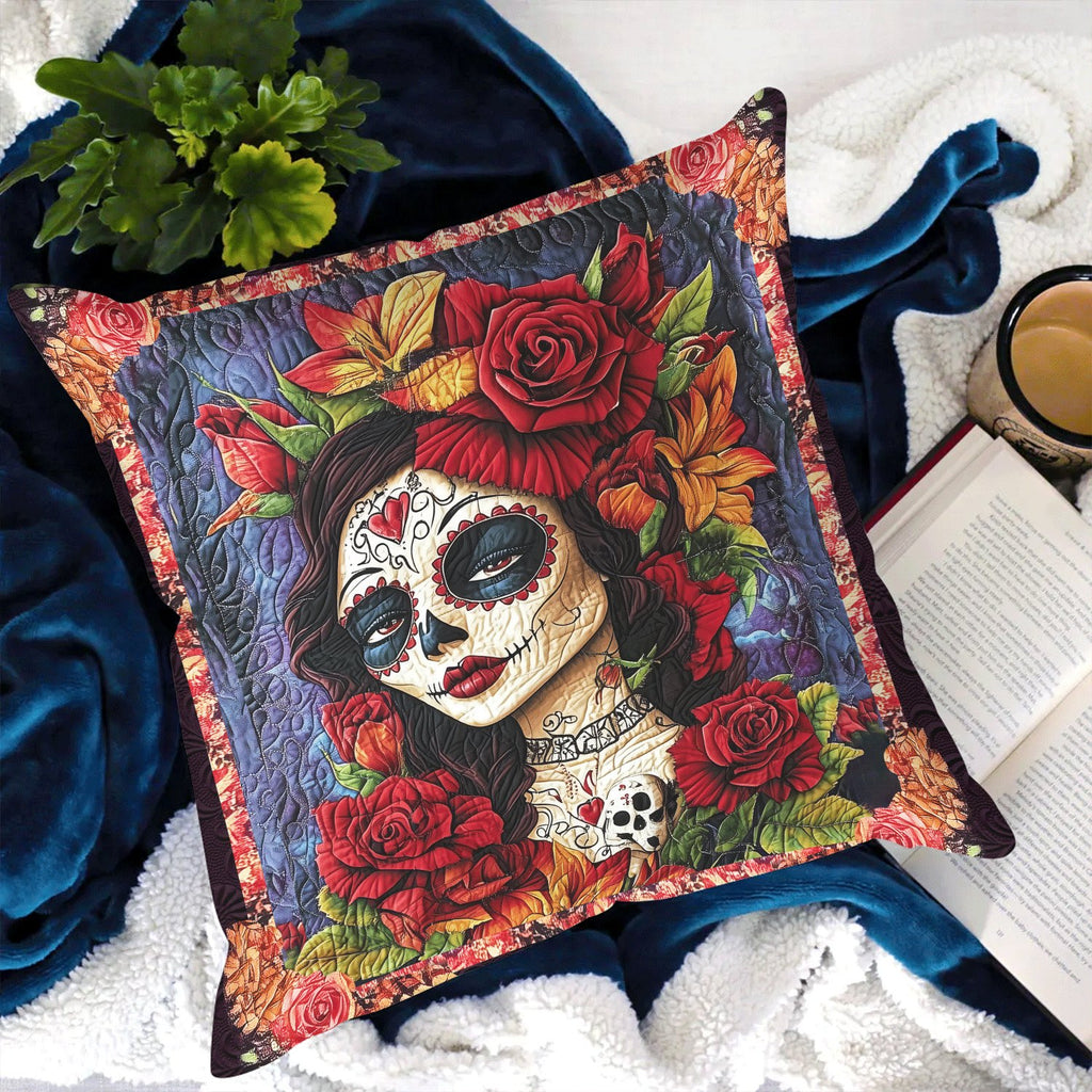 Mystical Floral Skull Quilted Cushion Cover printed cushion cover