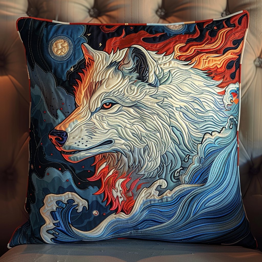 Mystical Ice Wolf Quilted Cushion Cover printed cushion cover