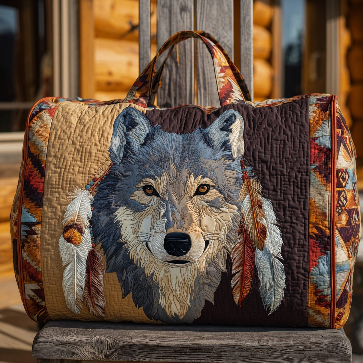 Native Wolf Quilted Duffle Bag printed duffle bag