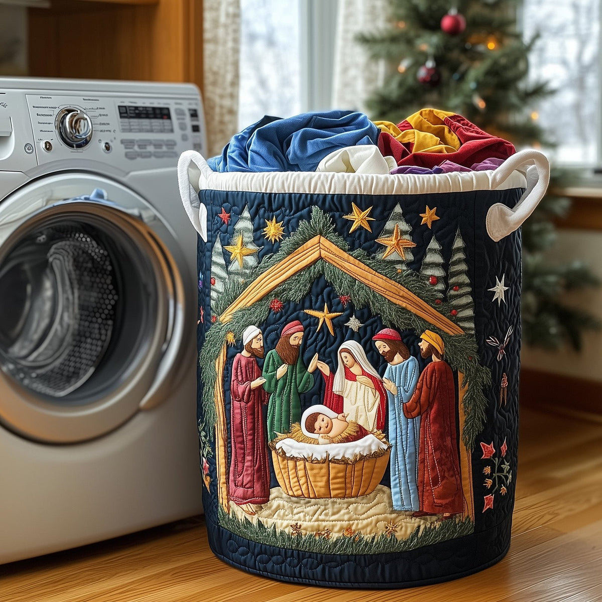 Nativity Scene Quilted Laundry Hamper printed laundry hamper