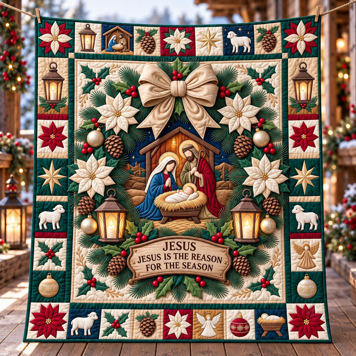 Nativity Wreath Quilted Blanket printed blanket