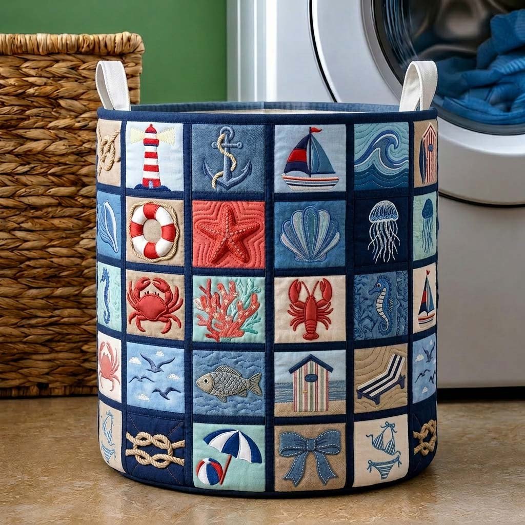 Nautical Patch Quilted Laundry Hamper printed laundry hamper
