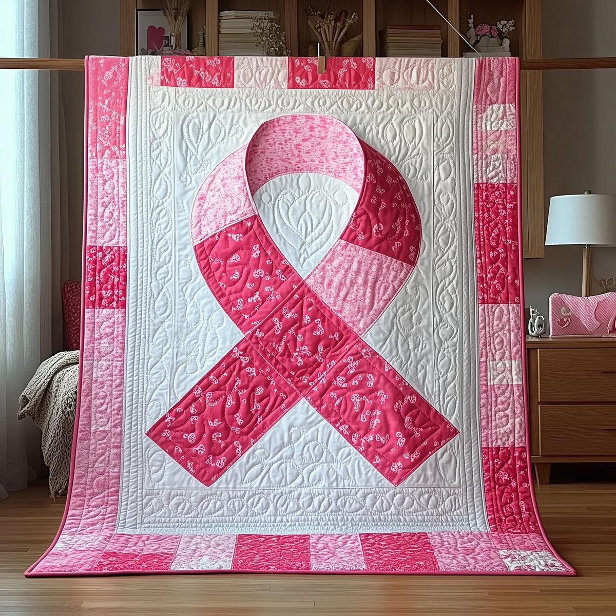 Never Give Up Breast Cancer Ribbon Quilted Blanket printed blanket