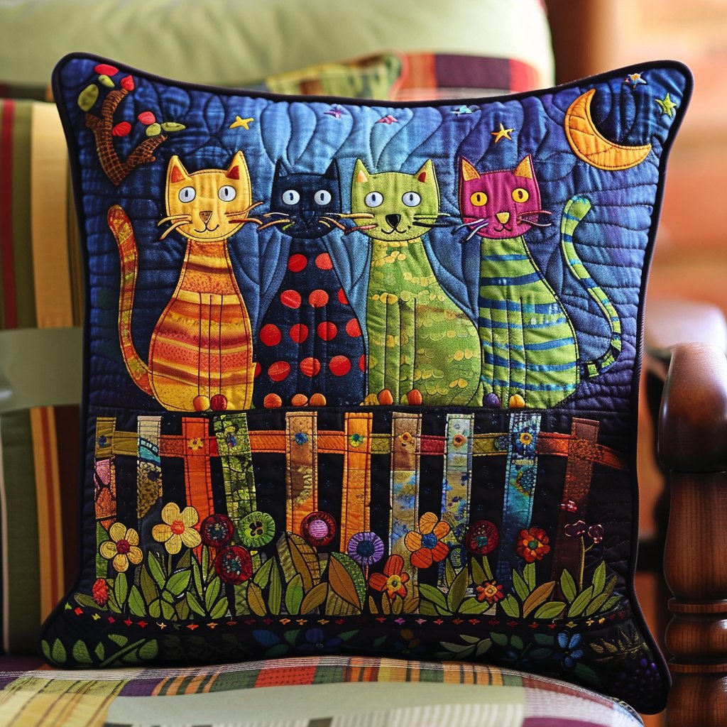 Night Charming Cat Quilted Cushion Cover printed cushion cover