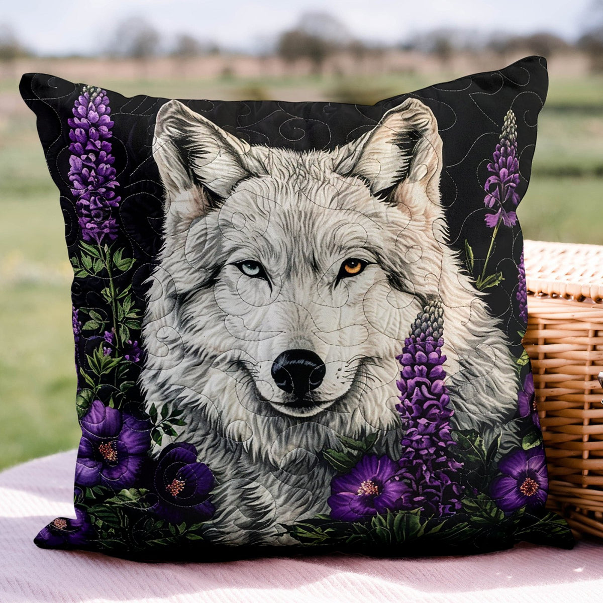 Night Lupines Wolf Quilted Cushion Cover printed cushion cover