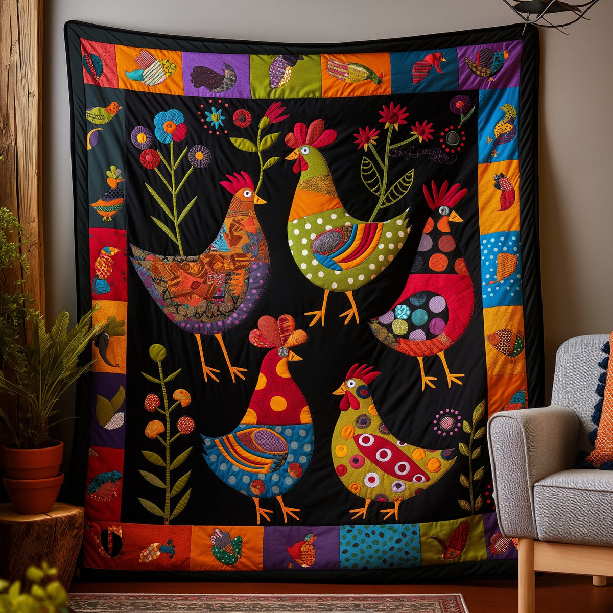 Nocturnal Bloom Chicken Quilted Blanket printed blanket