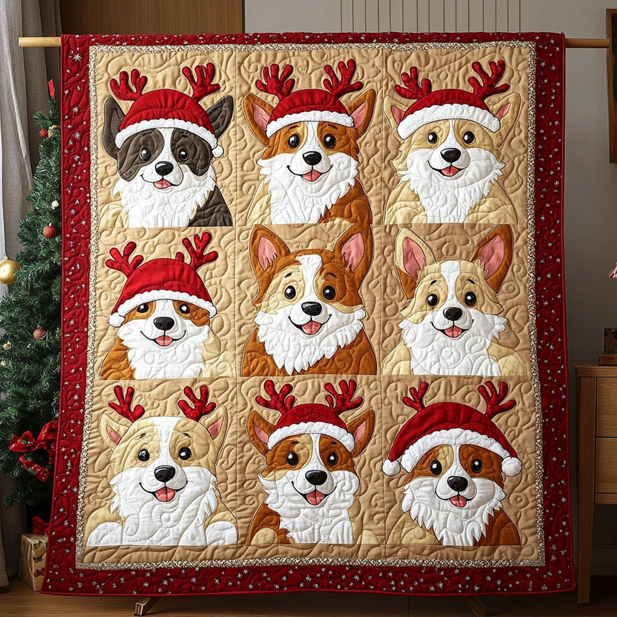 North Pole Corgis Quilted Blanket printed blanket