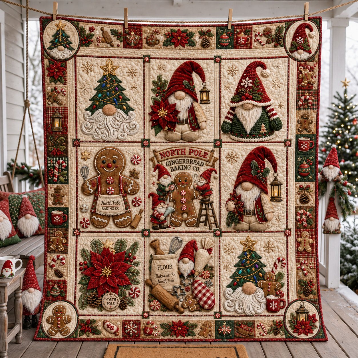 North Pole Gingerbread Bakery Quilted Blanket printed quilt blanket