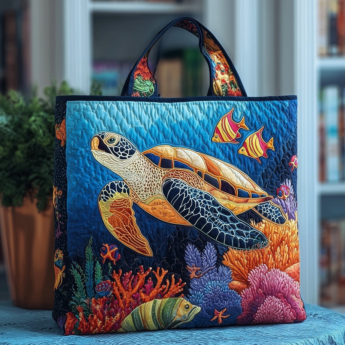 Ocean Depths Turtle Quilted Tote Bag printed tote bag
