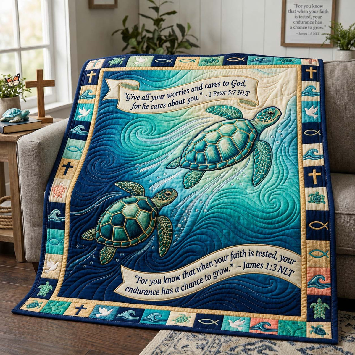 Ocean Faith Turtles Quilted Blanket printed blanket