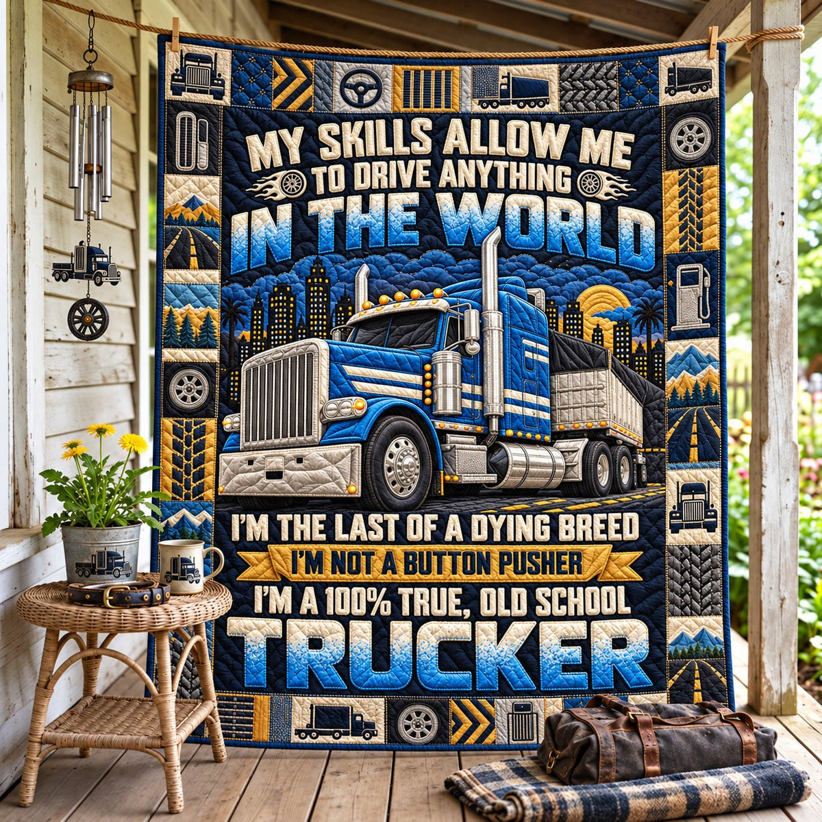 Old School Trucker Pride Quilted Blanket printed blanket