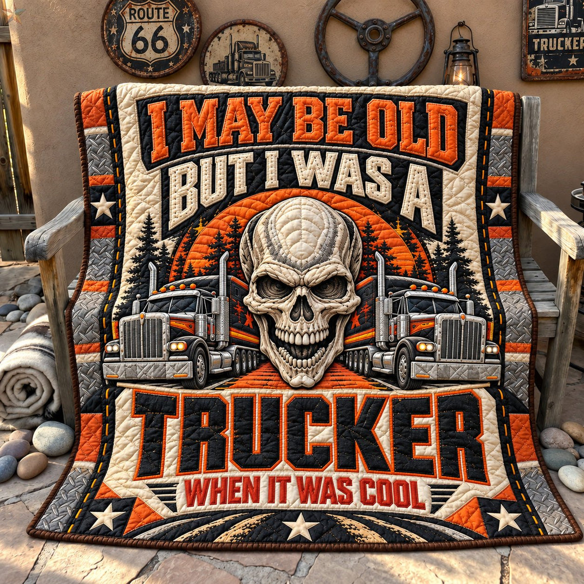 Old School Trucker Quilted Blanket printed blanket