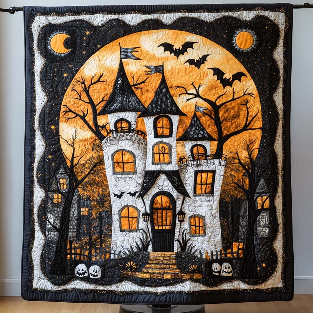 Orange Haunted Castle Quilted Blanket printed blanket