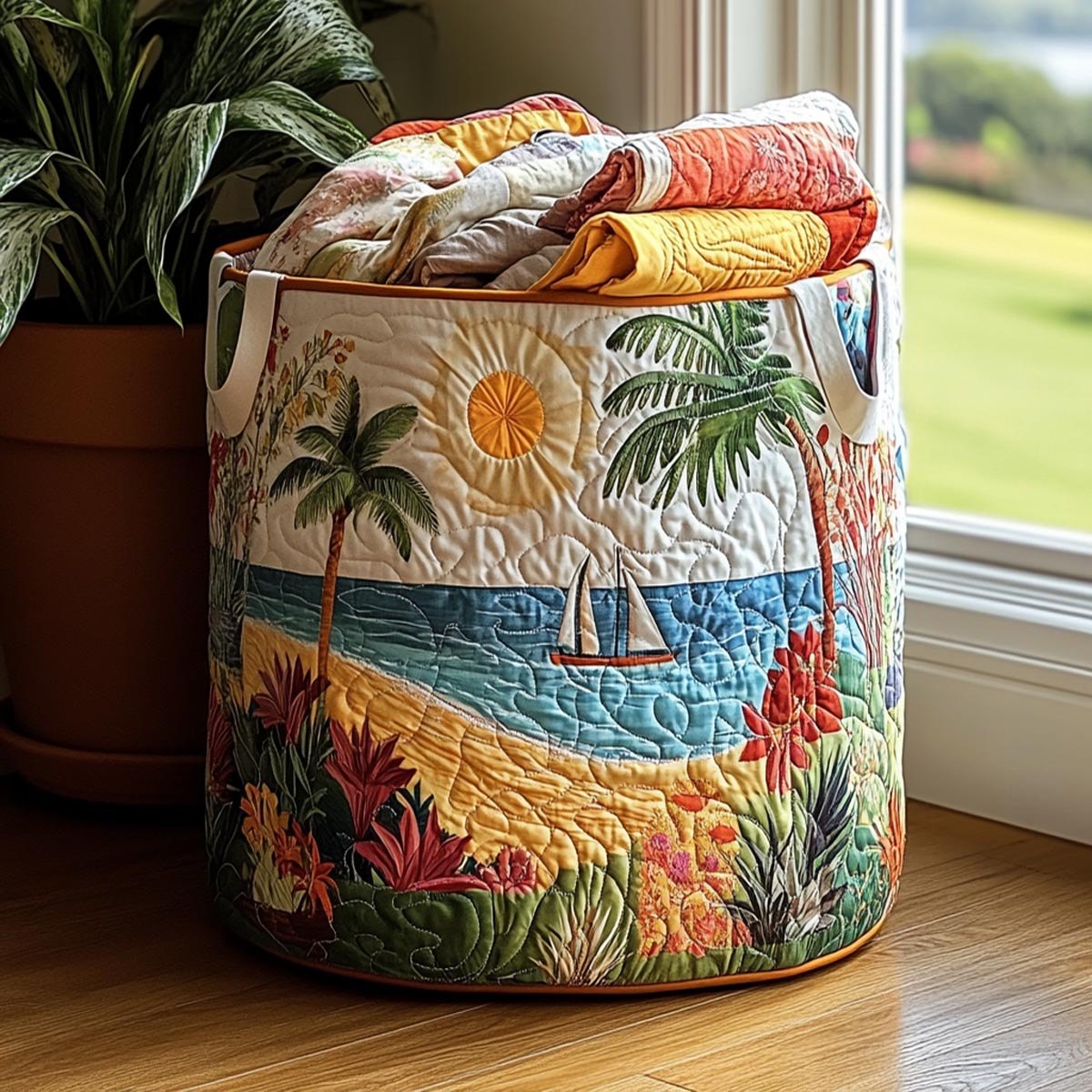 Palm Sunrise Coastal printed laundry hamper