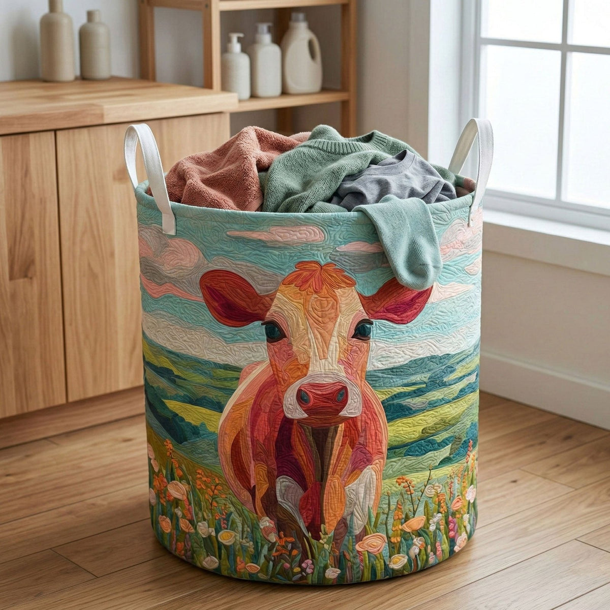 Pastel Cow Meadow Quilted Laundry Hamper printed laundry hamper