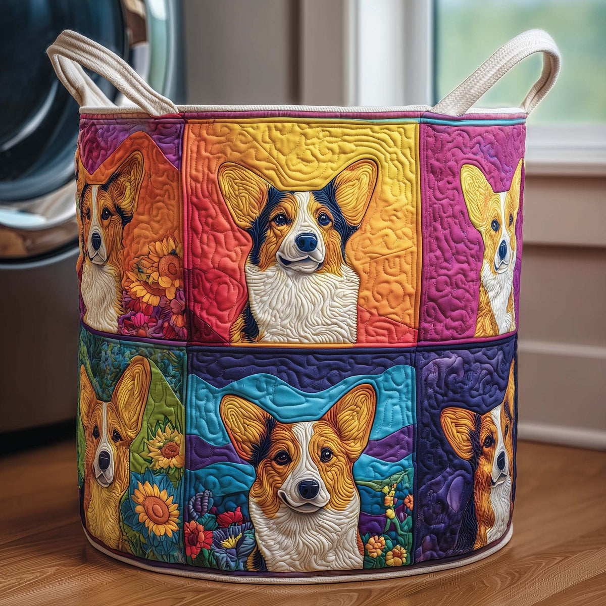 Patchwork Corgi Quilted Laundry Hamper printed laundry hamper