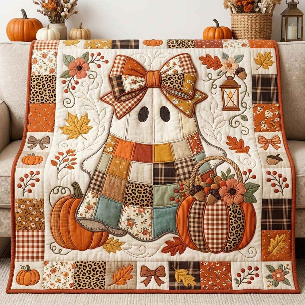 Patchwork Pumpkin Ghost Quilted Blanket printed blanket