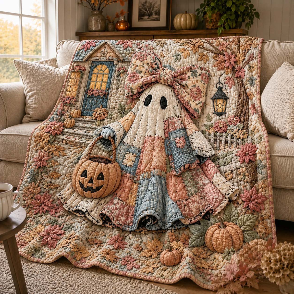Patchwork Pumpkin Ghost Quilted Blanket printed blanket
