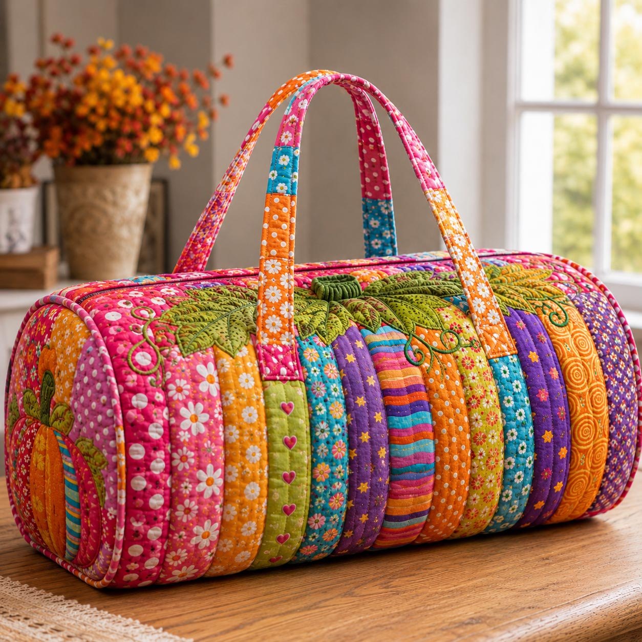 Patchwork Pumpkin Quilted Duffle Bag printed quilted duffle bag