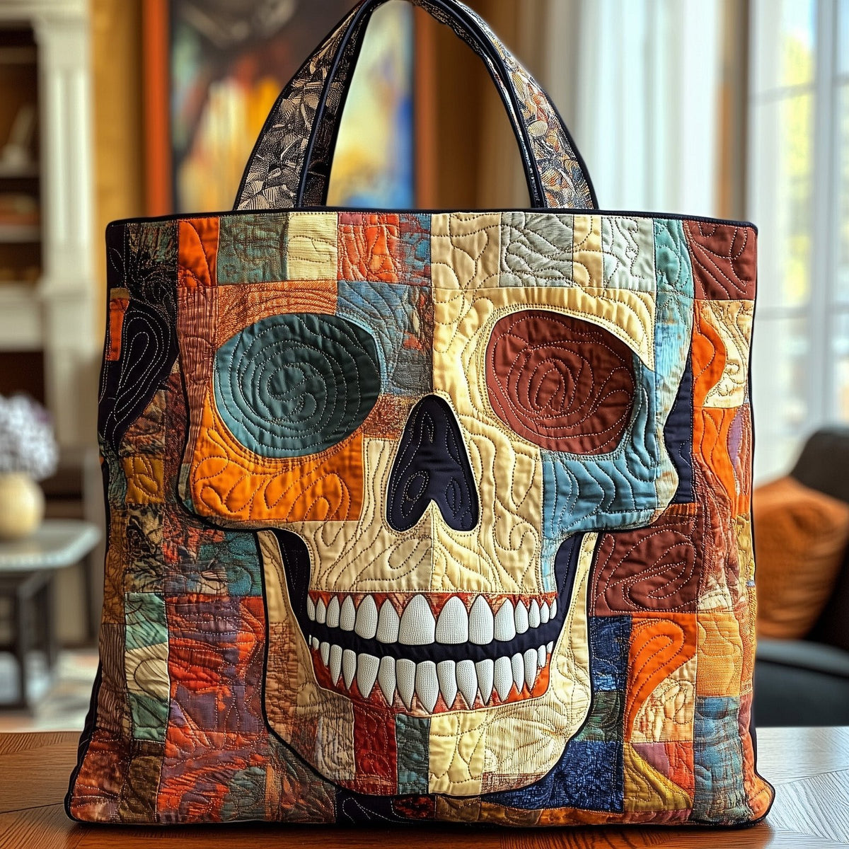 Patchwork Skull Quilted Tote Bag printed tote bag