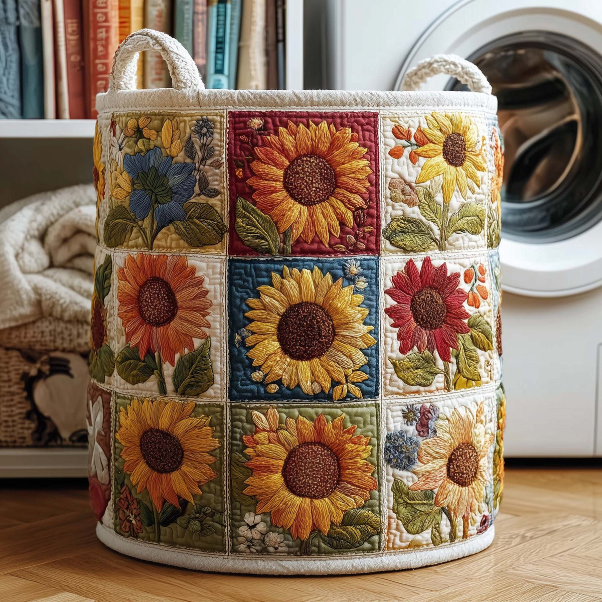 Patchwork Sunflowers Quilted Laundry Hamper printed laundry hamper