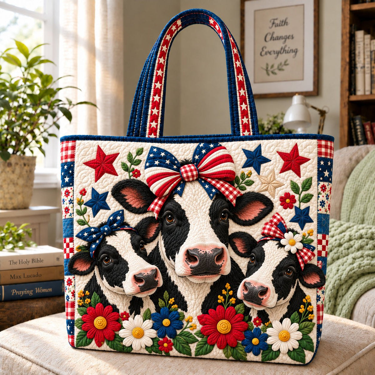 Patriotic Cow Quilted Tote Bag printed tote bag