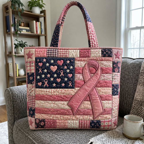 Patriotic Pink Ribbon Breast Cancer Quilted Tote Bag