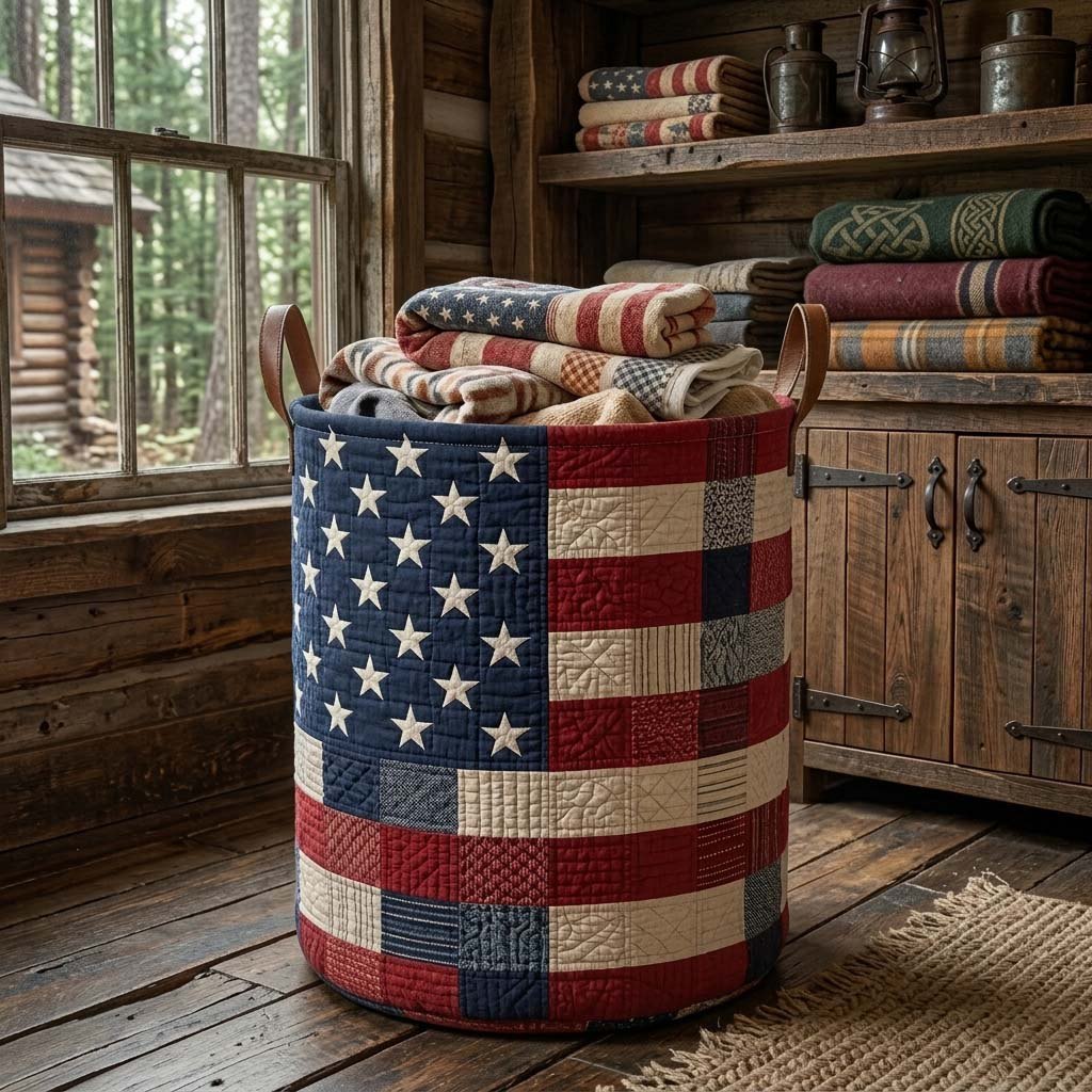 Patriotic Prairie Star Quilted Laundry Hamper printed laundry hamper