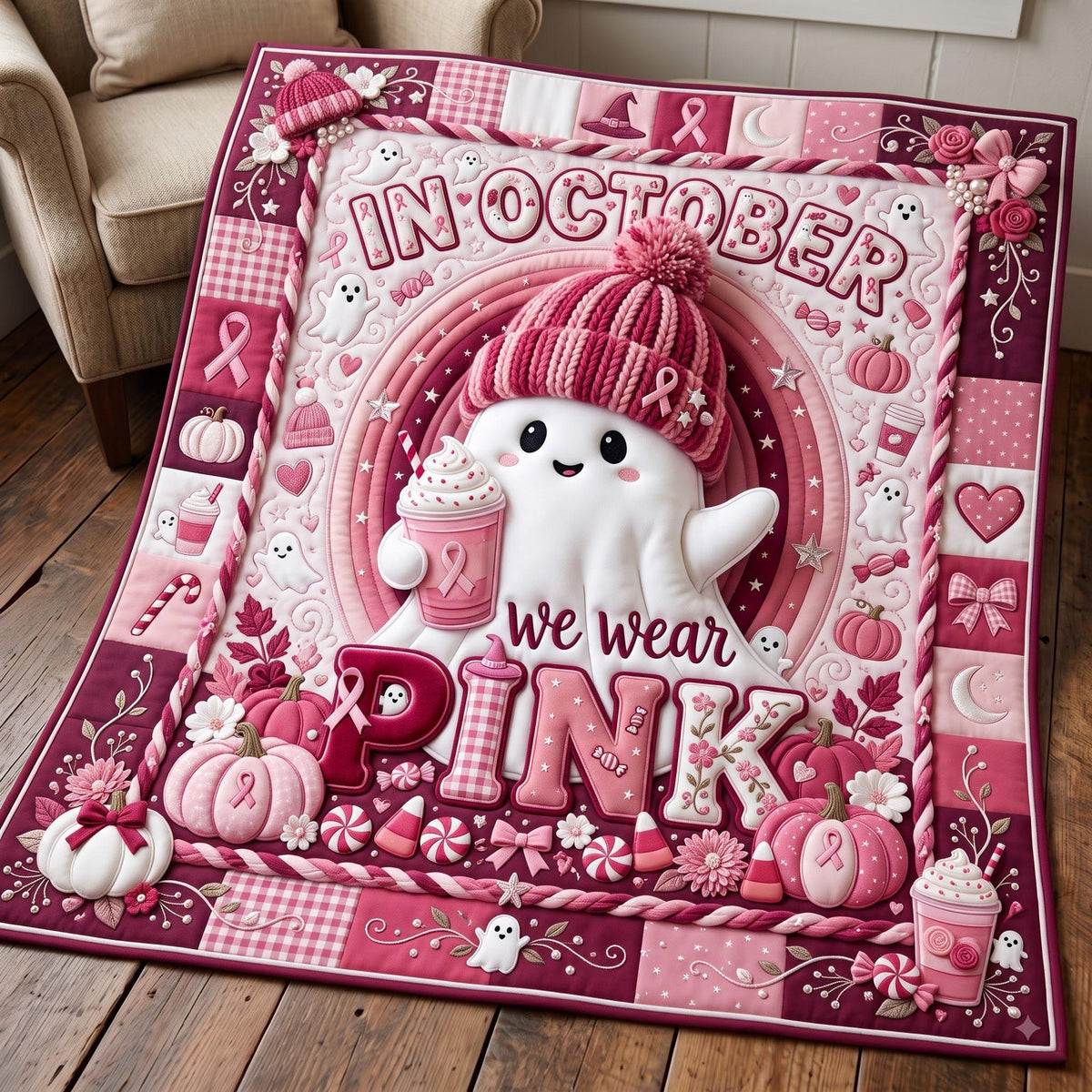 Pink Ghost Quilted Blanket printed blanket