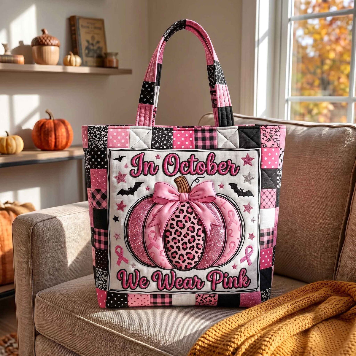 Pink October Quilted Tote Bag printed tote bag
