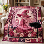 Pink Ribbon Witch Quilted Blanket printed blanket