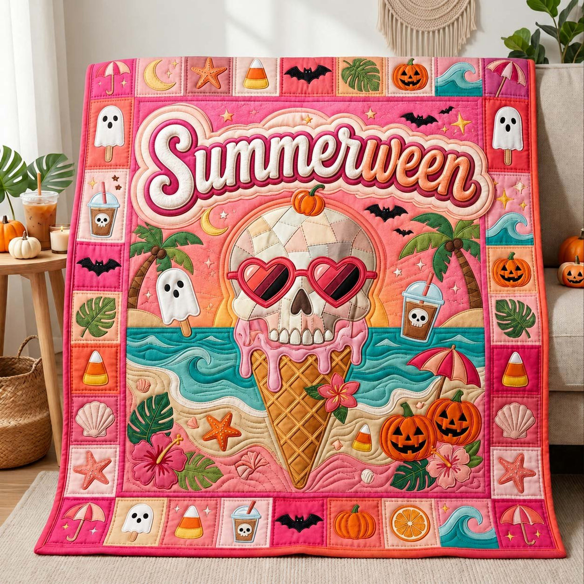 Pink Skull Summerween Quilted Blanket printed blanket