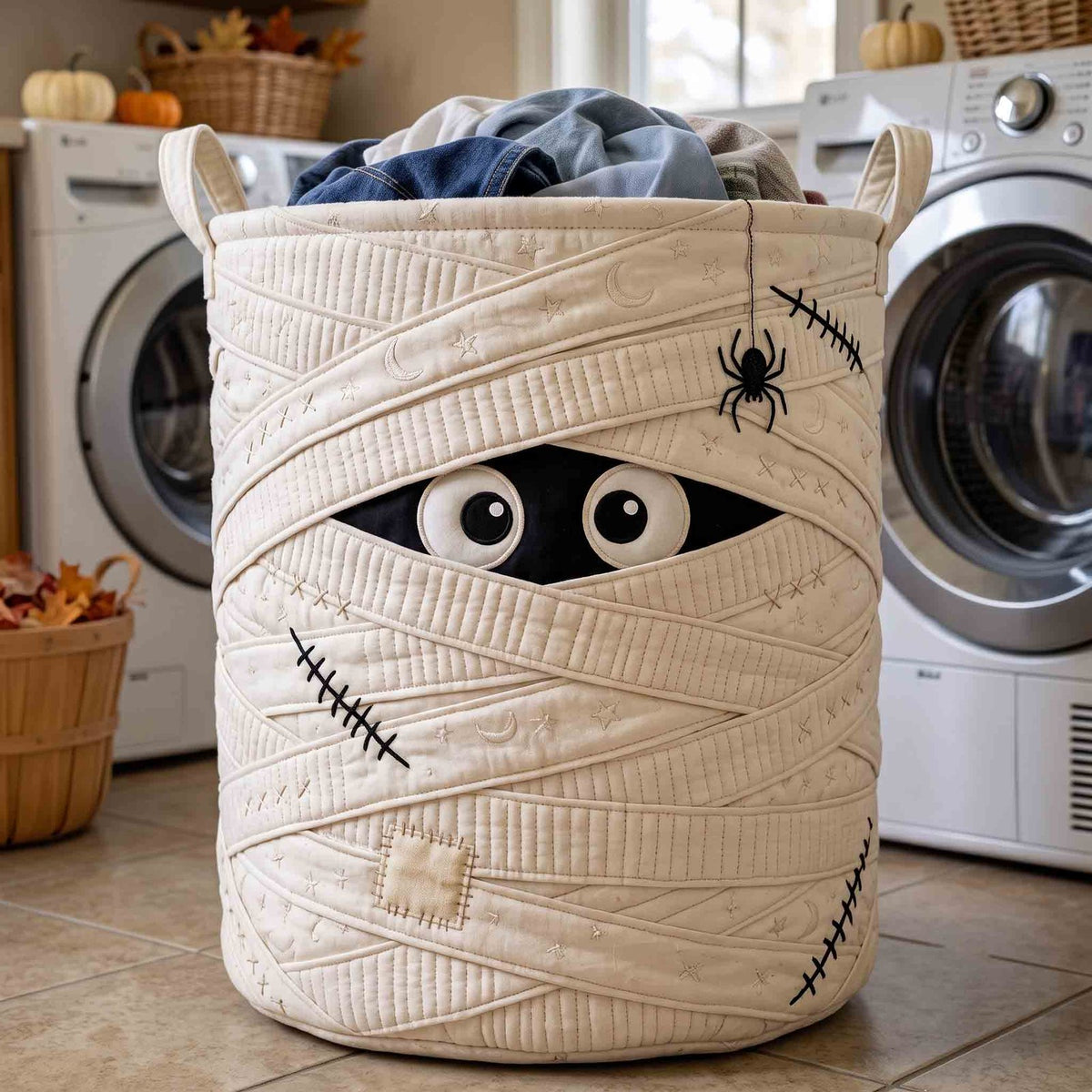 Playful Mummy Wrap Quilted Laundry Hamper printed laundry hamper