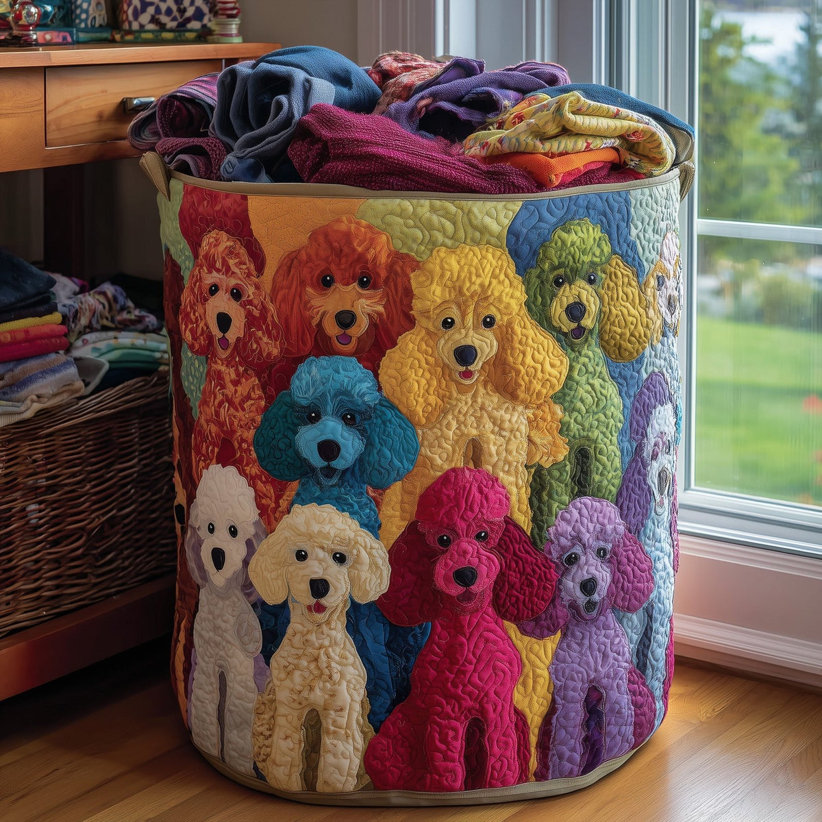 Playful Poodle Quilted Laundry Hamper printed laundry hamper