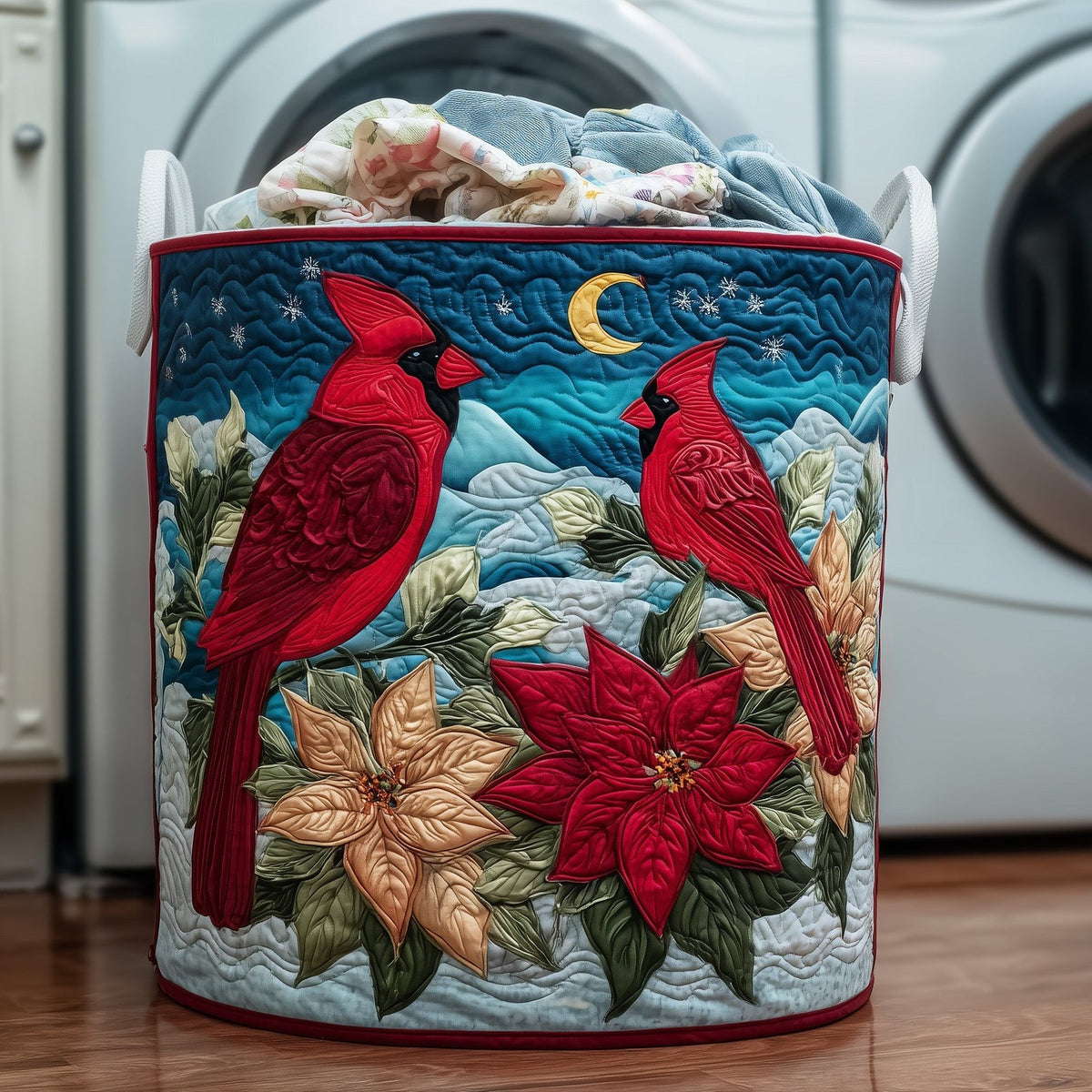 Poinsettia and Cardinal Quilted Laundry Hamper printed laundry hamper