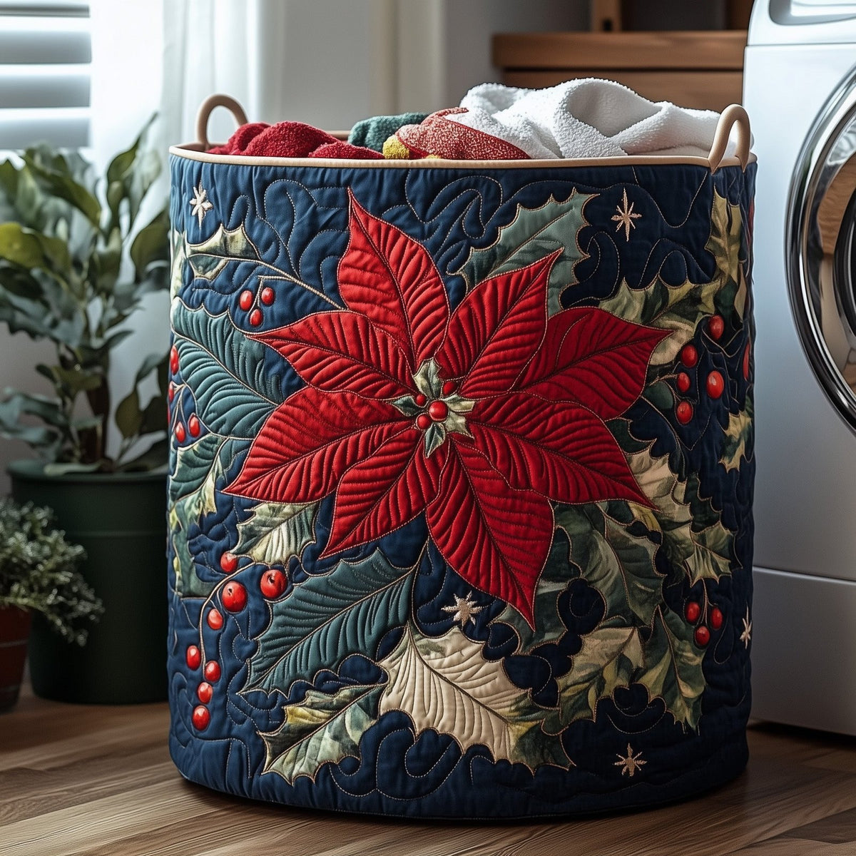 Poinsettia Bloom Quilted Laundry Hamper printed laundry hamper