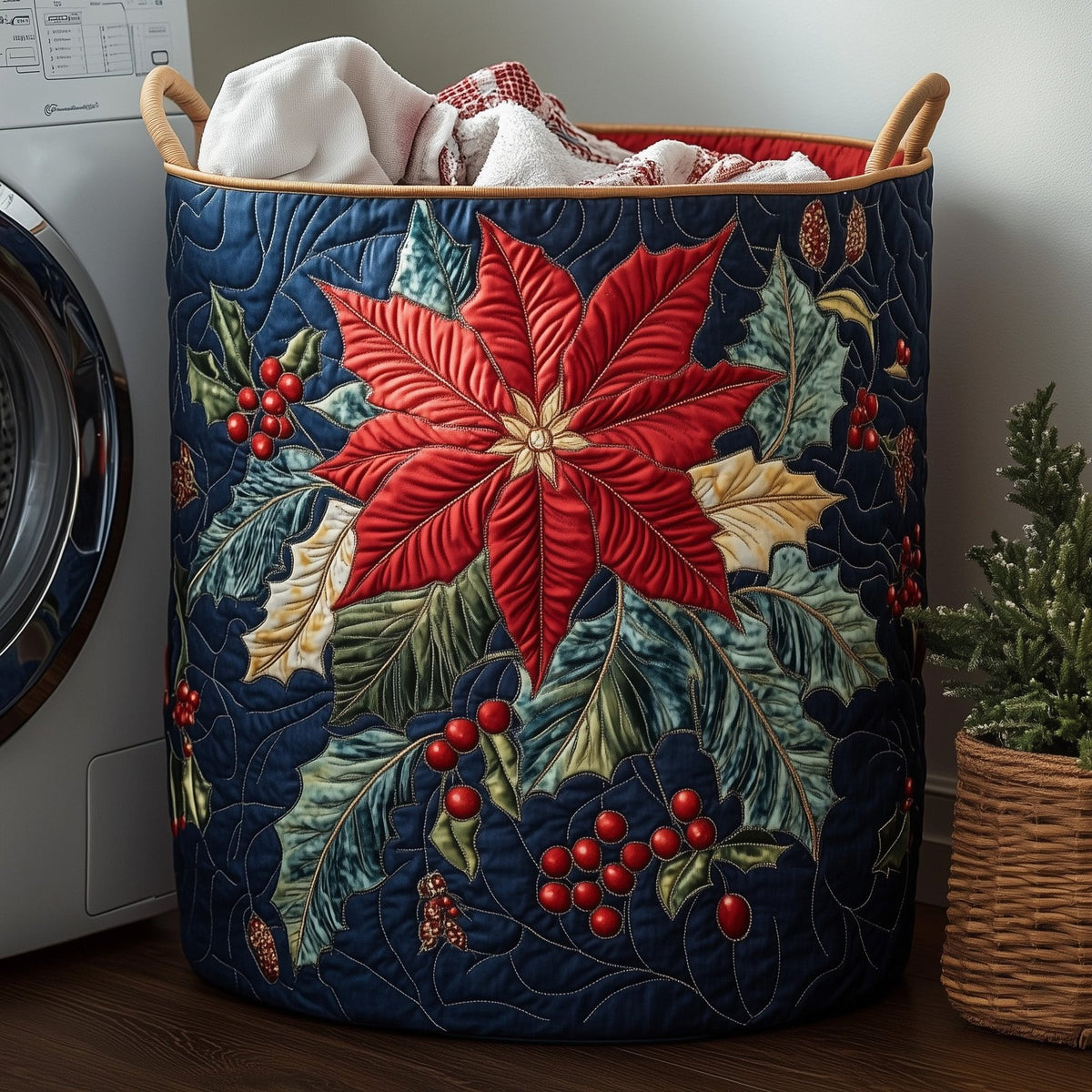 Poinsettia Bloom Quilted Laundry Hamper printed laundry hamper